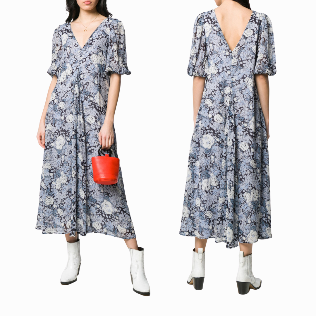 GANNI Elm Georgette Midi Dress - Heather Blue Floral, Size S (AU 8-10 / US 4)