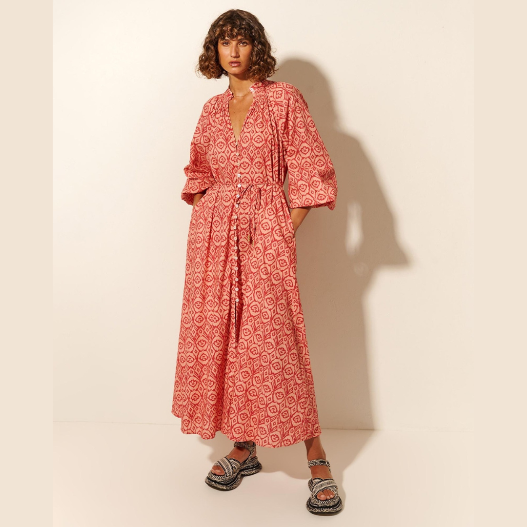 Kivari BNWT Zahara Maxi Dress in Red Ikat, Size AU 6 / US 2