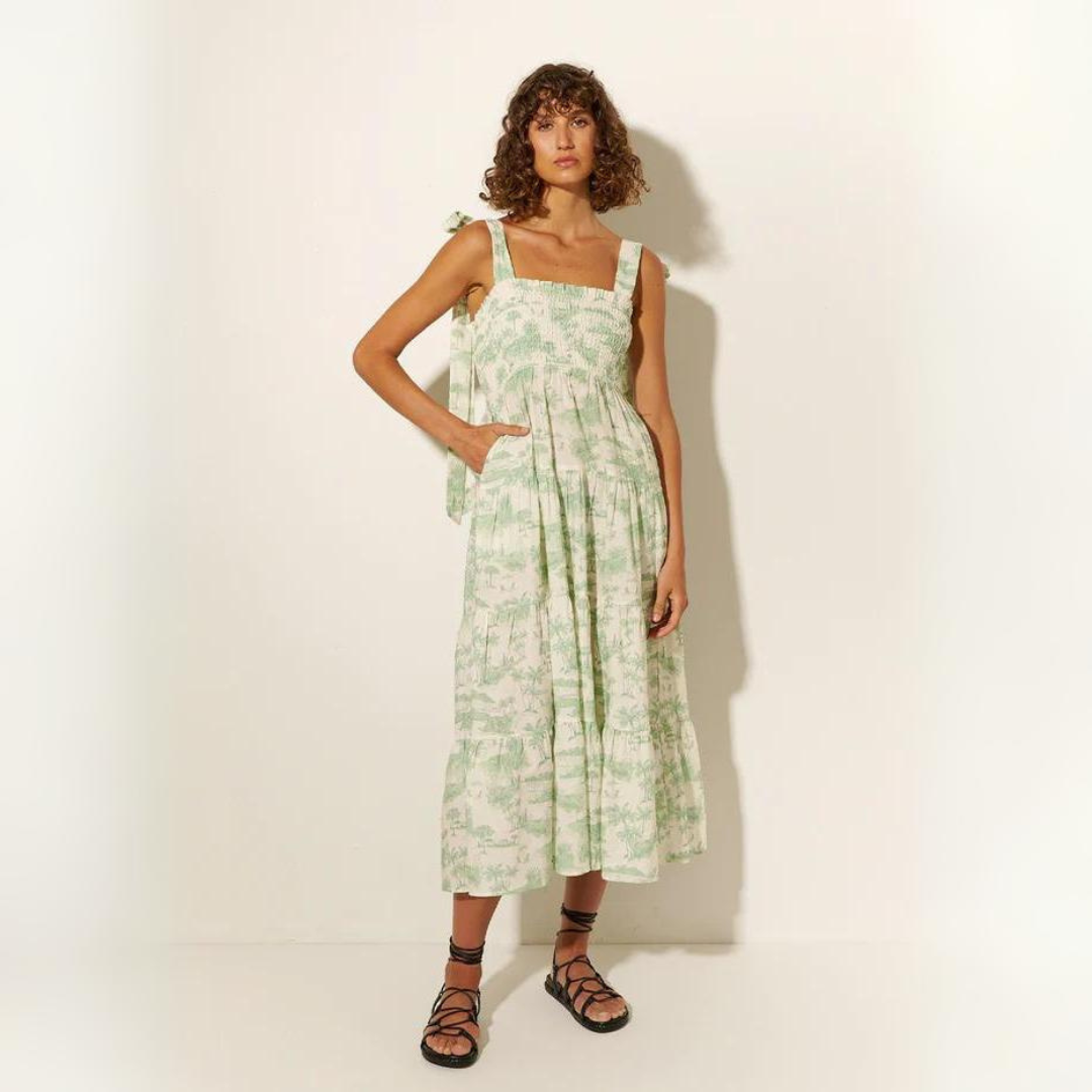 KIVARI Chloe Shirred Midi Dress - Green Toile, Size 12