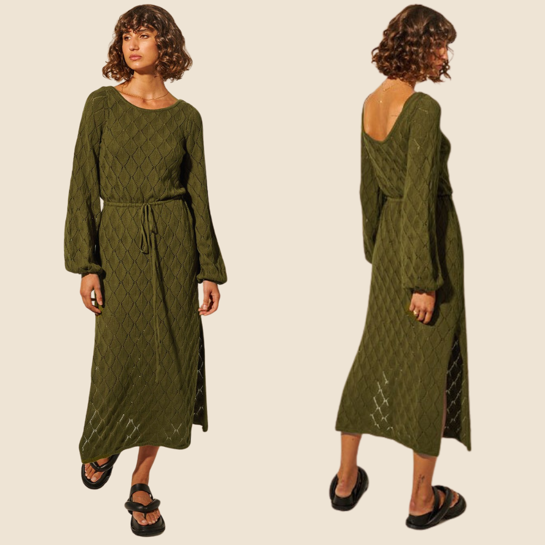 KIVARI Claudia Scoop Back Cotton Crochet Knit Midi Dress in Khaki Green, Size 8