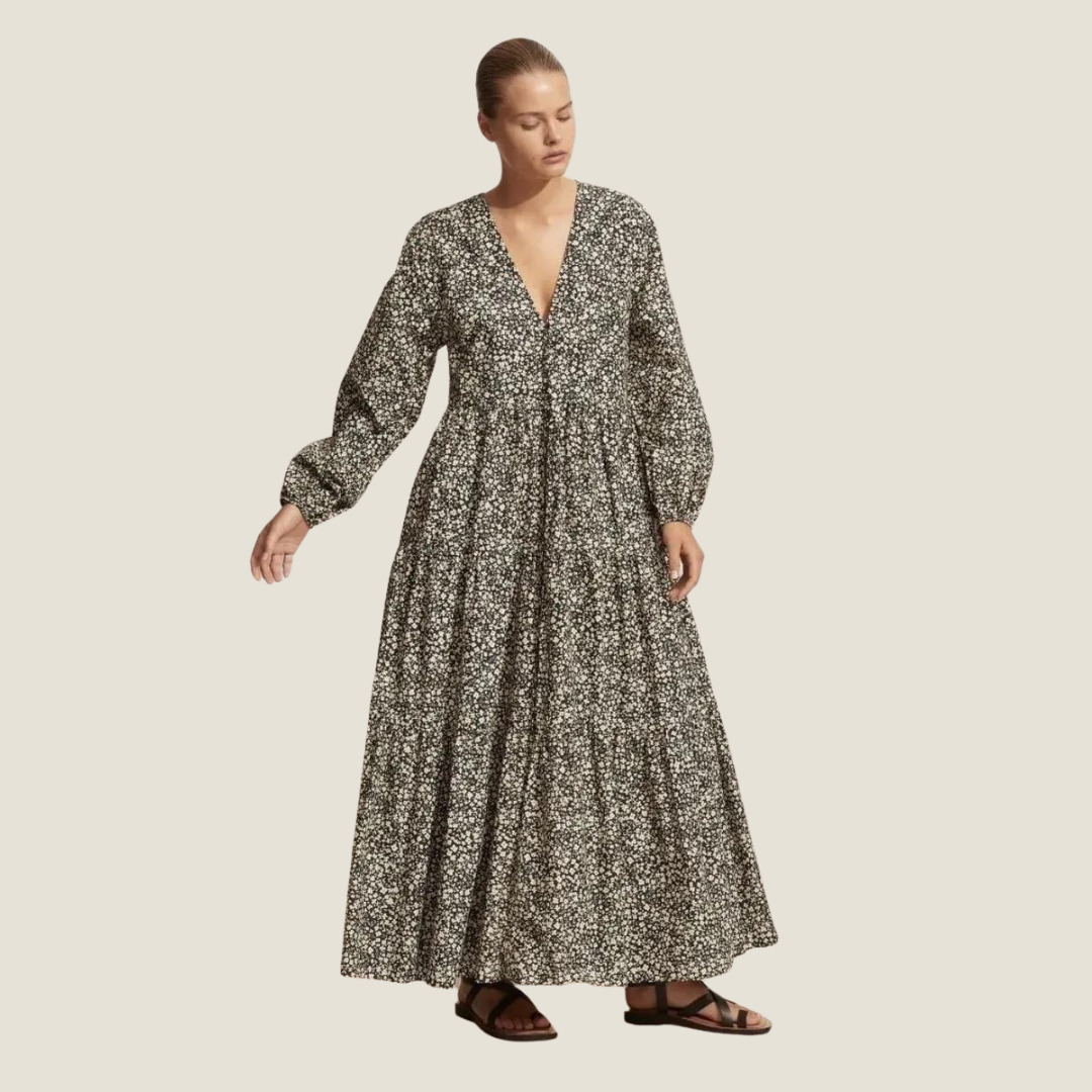 MATTEAU Long Sleeve Button Maxi Dress in Golden Primrose Floral, Size 2 (AU 8 / US 4)