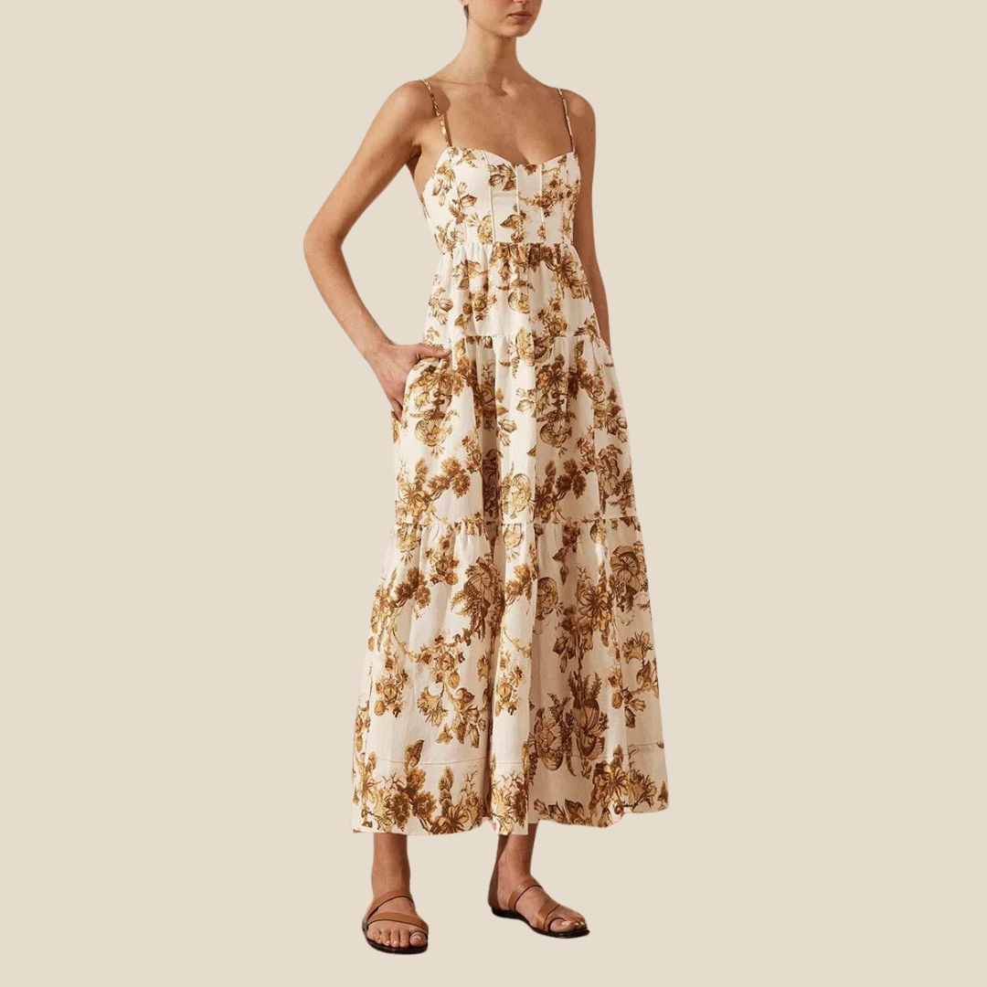 SHONA JOY Bella Floral Linen Tiered Midi Dress, Size AUS 10 / US 6