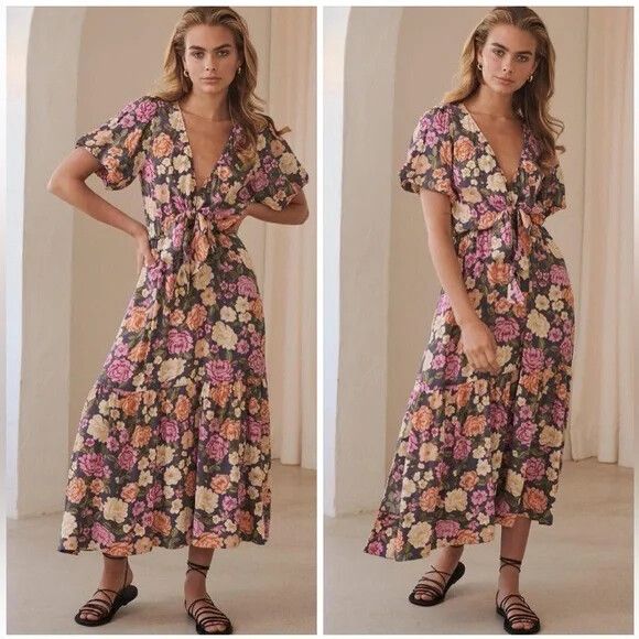 KIVARI Hope Tie Front Floral Midi Dress, Size AU 14 / US 10