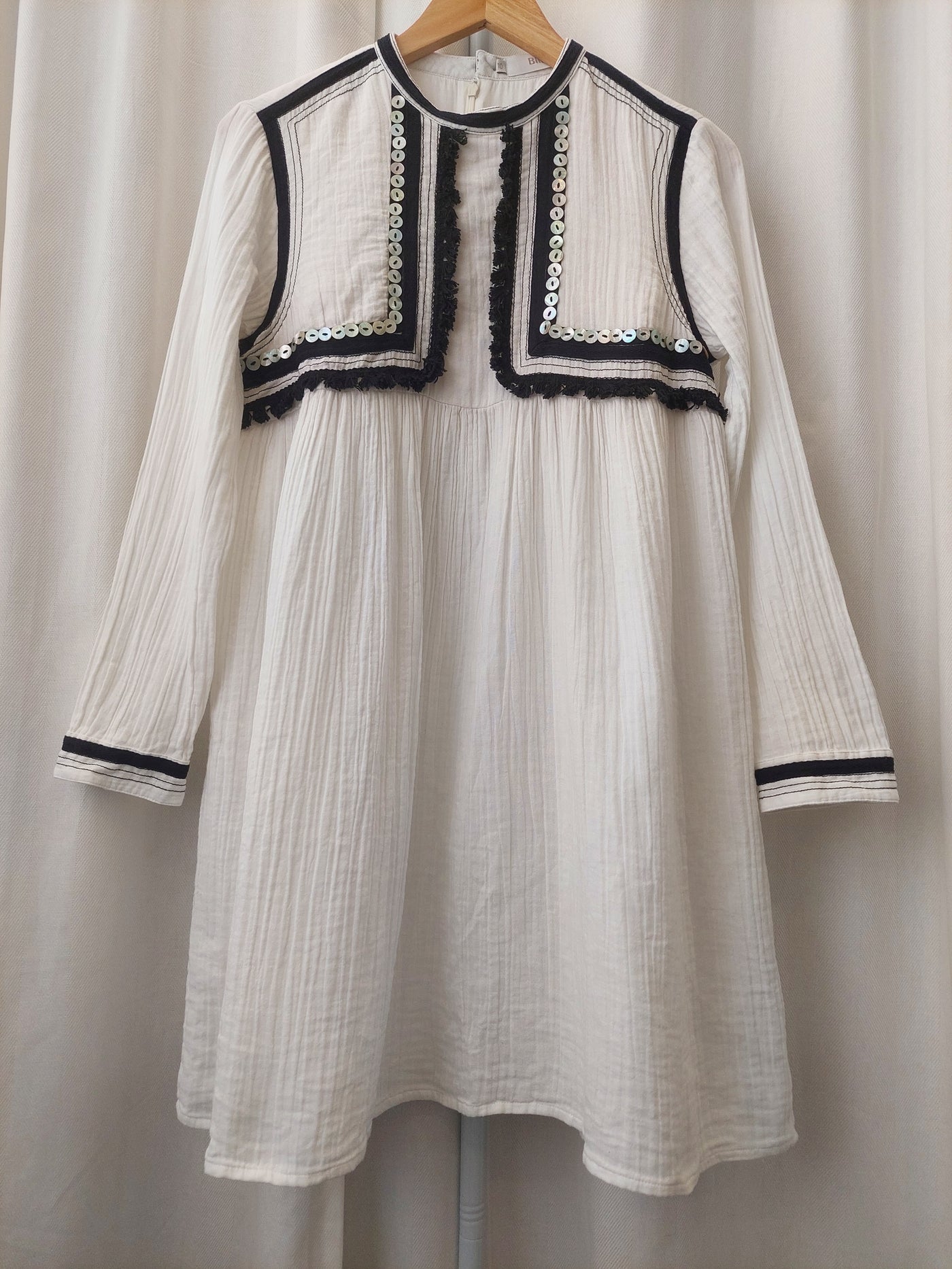 BINNY Cockle Tassel Trim Dress in White Cheesecloth Cotton, Size 10