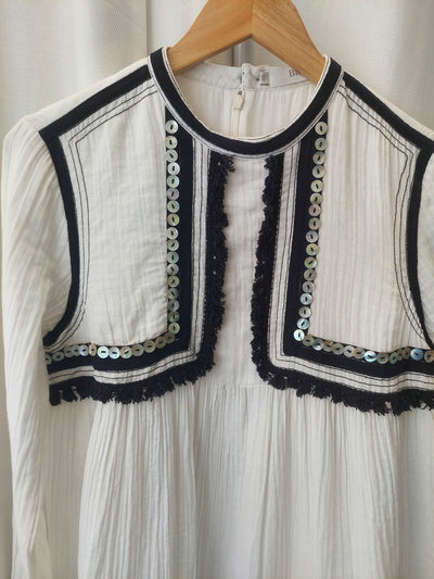 BINNY Cockle Tassel Trim Dress in White Cheesecloth Cotton, Size 10