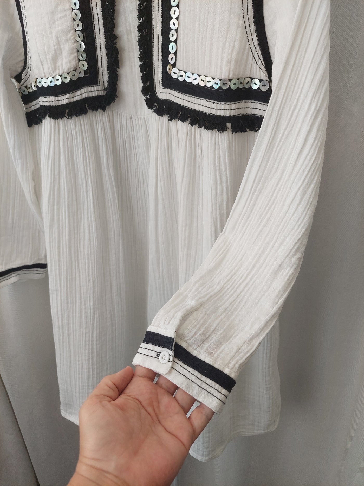 BINNY Cockle Tassel Trim Dress in White Cheesecloth Cotton, Size 10