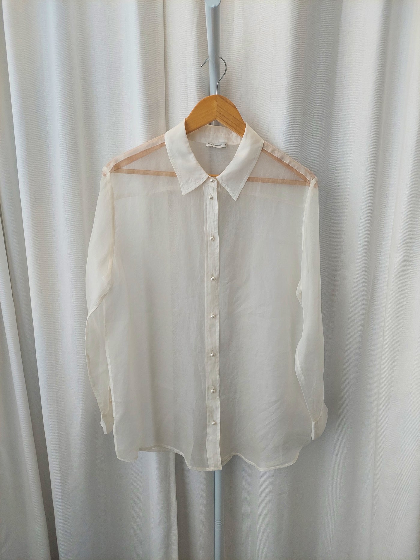 SILK LAUNDRY Organza Boyfriend Shirt Pearl Buttons - Sheer White, Size S