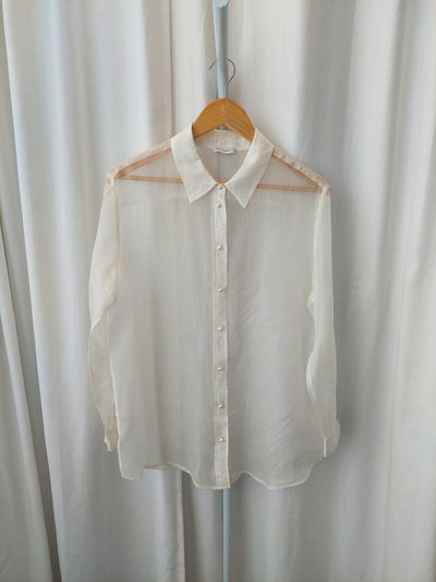 SILK LAUNDRY Organza Boyfriend Shirt Pearl Buttons - Sheer White, Size S
