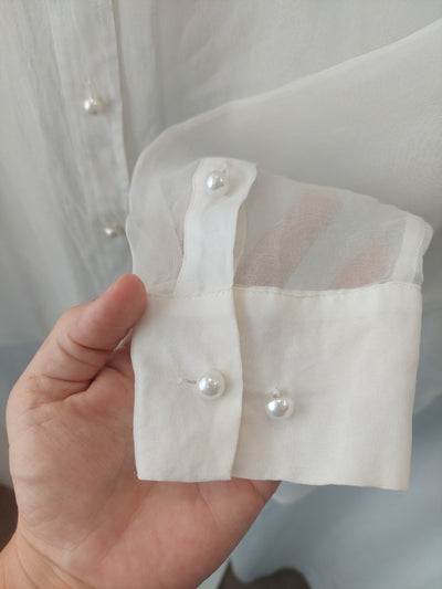 SILK LAUNDRY Organza Boyfriend Shirt Pearl Buttons - Sheer White, Size S