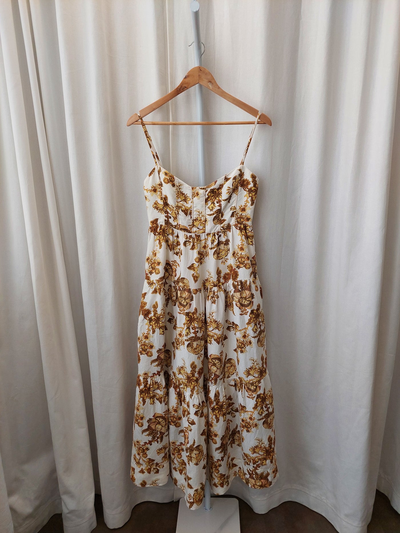 SHONA JOY Bella Floral Linen Tiered Midi Dress, Size AUS 10 / US 6