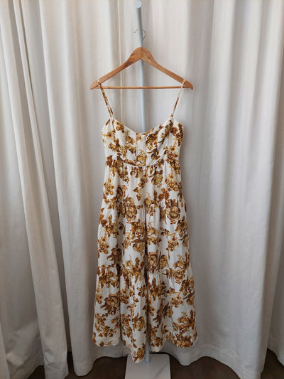 SHONA JOY Bella Floral Linen Tiered Midi Dress, Size AUS 10 / US 6