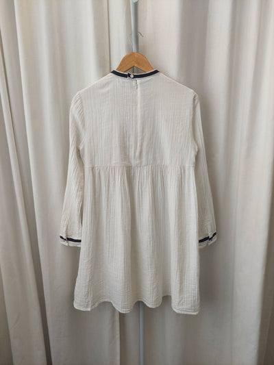 BINNY Cockle Tassel Trim Dress in White Cheesecloth Cotton, Size 10