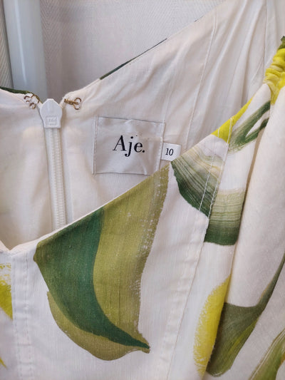 AJE Zest Mini Dress in Tropical Lime Print, Size 10