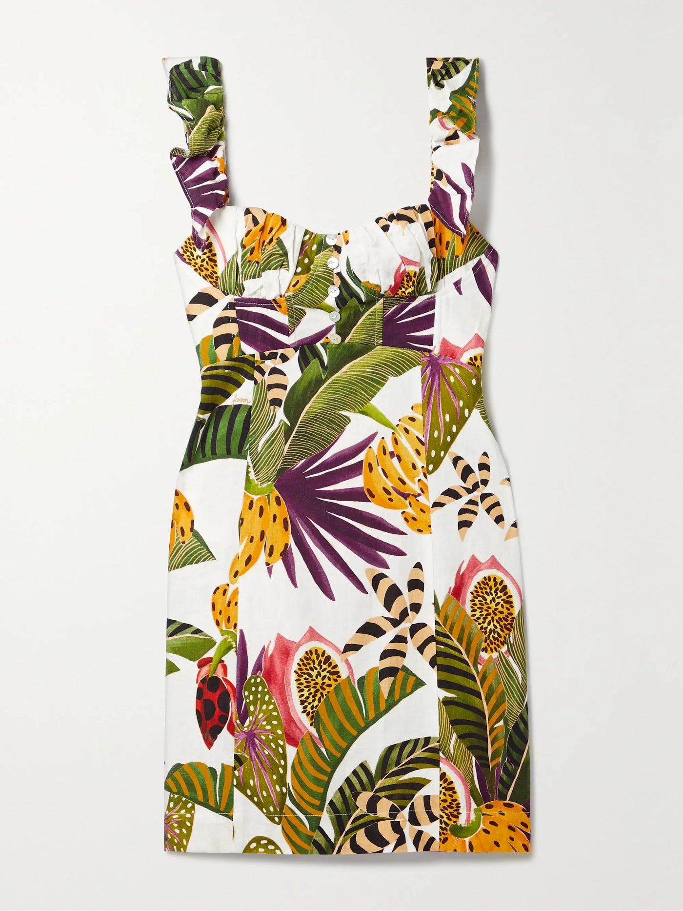 FARM Rio 'Striped Forest' Ruffled printed linen-blend Mini Dress, Size S
